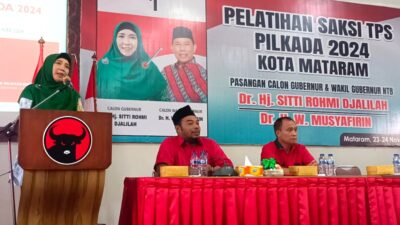 Hj Sitti Rohmi membuka pelatihan saksi, dan mengaku surprise atas militansi saksi yang dihadirkan PDIP Kota Mataram dalam Pilgub 2024